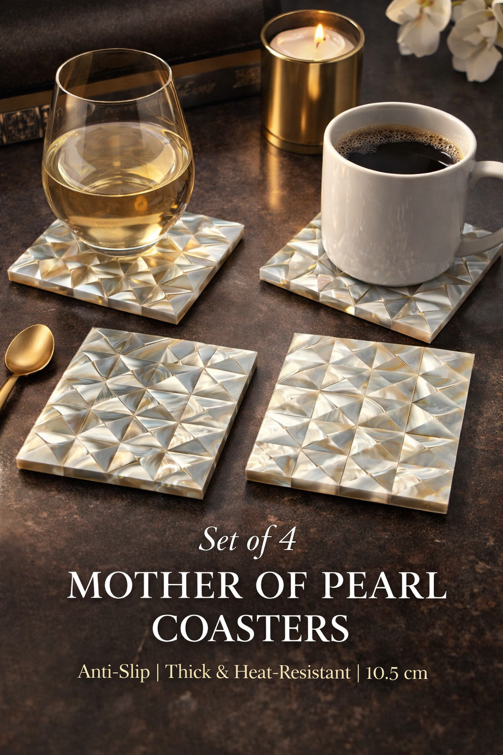 Square Handmade Non- Slip Mother of Pearl Coaster - Non-Slip, Thick, Heat-Resistant Drink & Mug Holder set of 4 10.5 cm