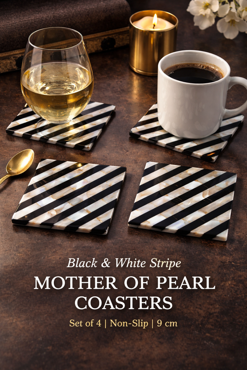 Black & White Stripe Mother of Pearl Coasters Set of 4 Non-Slip 9cm Luxury Drink