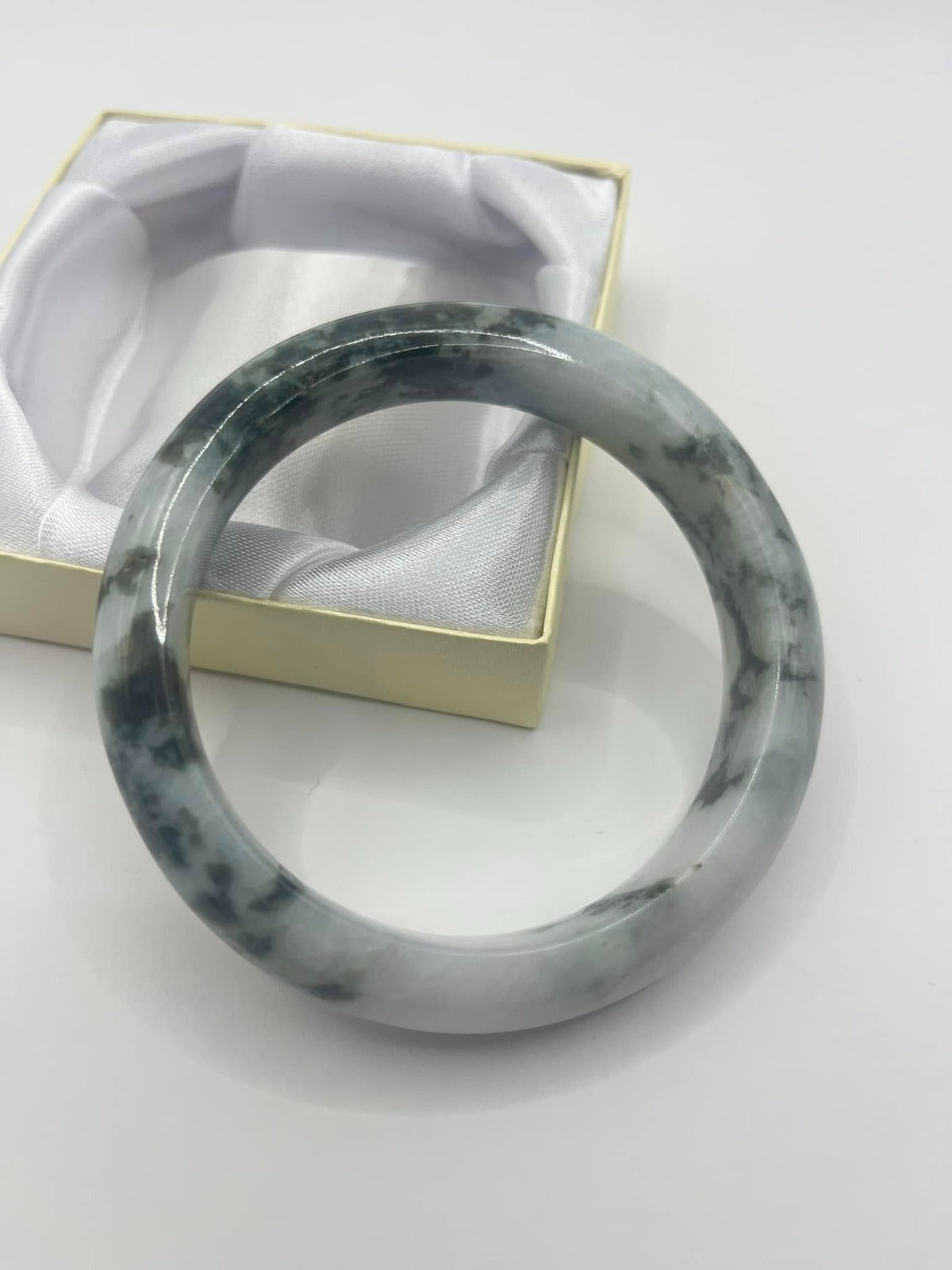 Hand-Carved Burmese Jadeite Jade Bangle – Forest Green, Emerald, and Milky White | Authentic Grade A Jade Bracelet