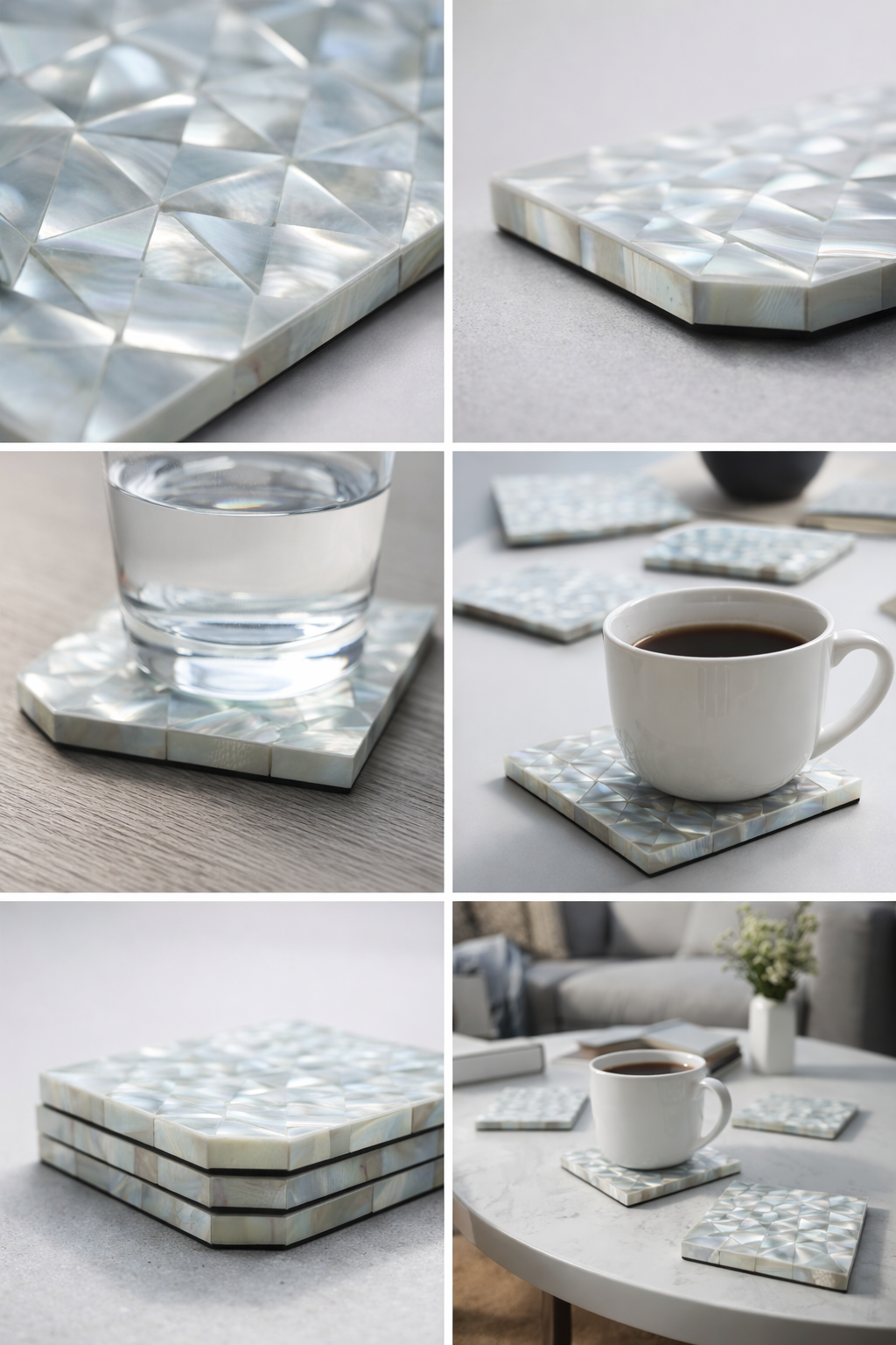 Luxury Thick Mother of Pearl Coasters Set of 4 Non Slip Square Corner Cut 10cm Premium