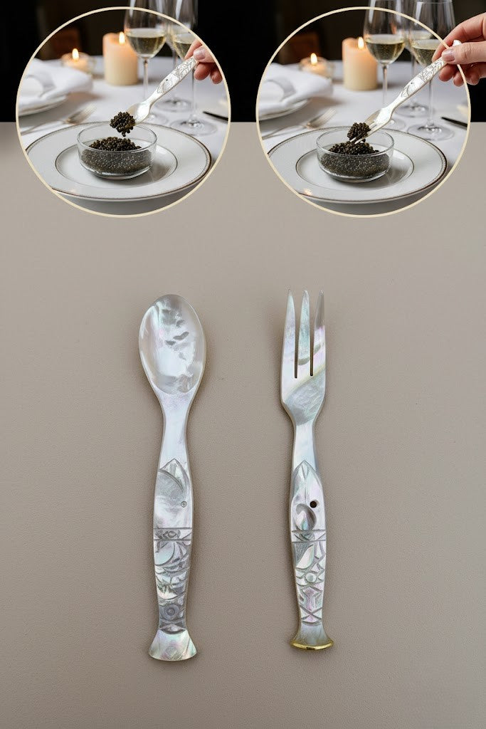 Mother of Pearl Spoon & Fork Set 10cm Fish Design Shell Decorative Gift