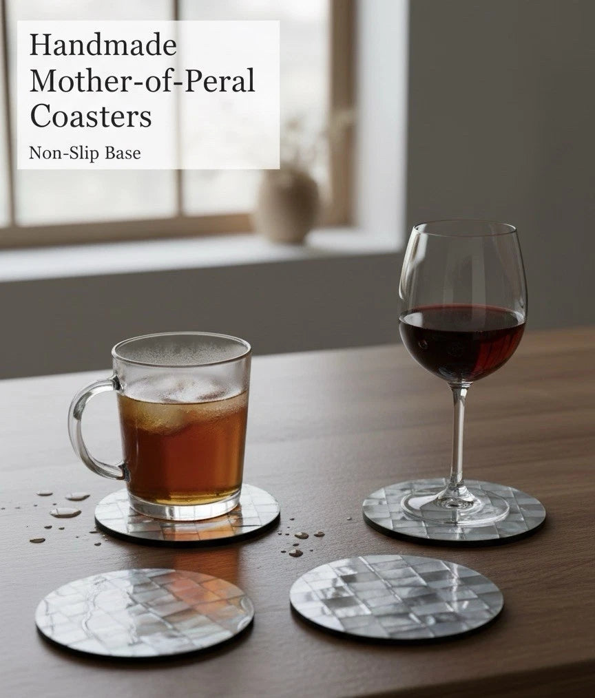 Non-Slip Handmade Mother of Pearl Coaster Set of 4 - 10cm Decorative Drink Coasters for Home & Kitchen Décor