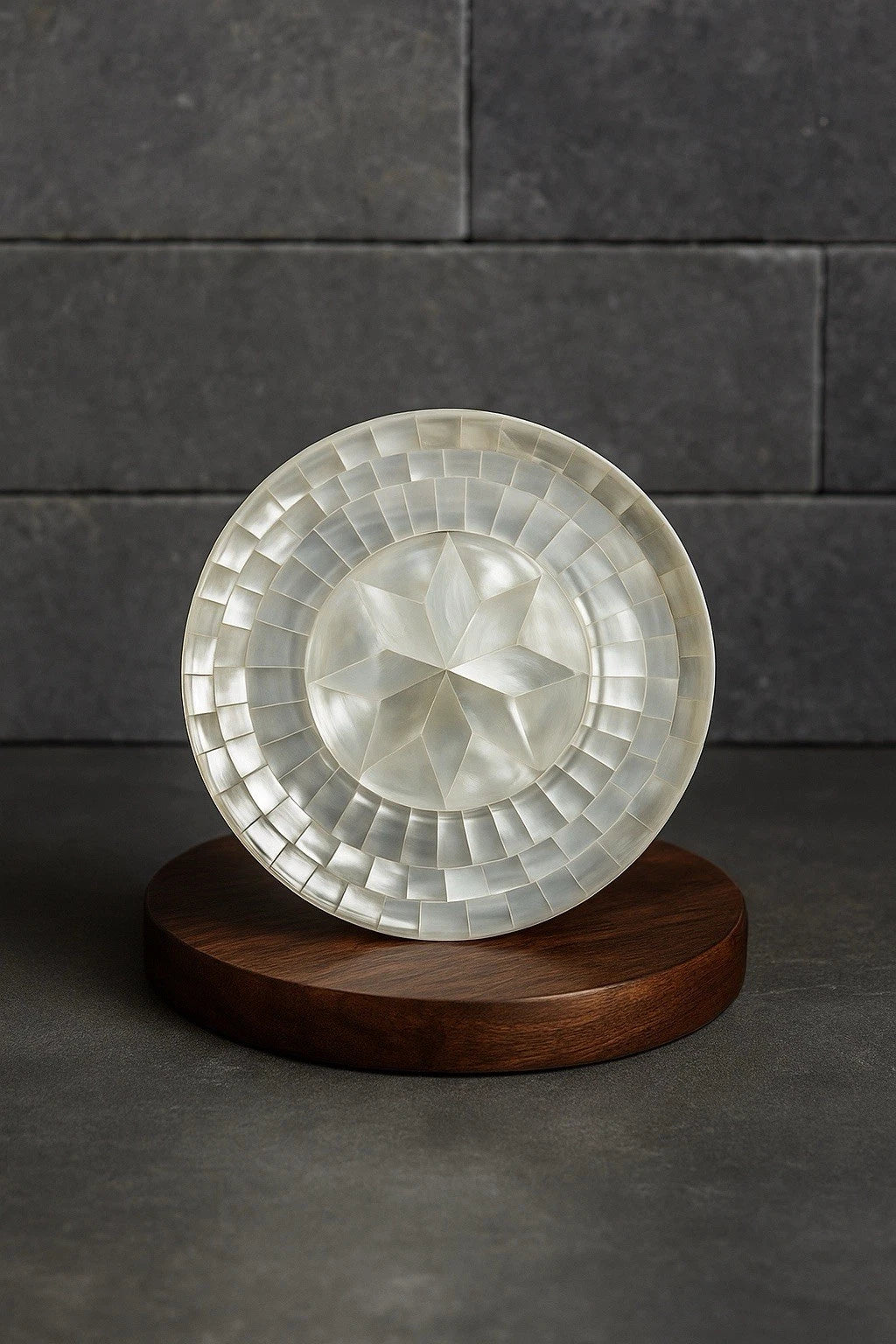 Handcrafted Mother of Pearl Small Round Plate, 16 cm – Elegant Wooden Base Decorative Plate for Home & Kitchen