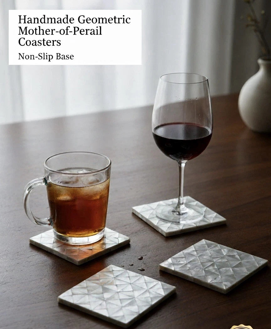 Square Handmade Non- Slip Mother of Pearl Coaster - Non-Slip, Thick, Heat-Resistant Drink & Mug Holder set of 4 10.5 cm