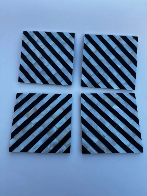 Black & White Stripe Mother of Pearl Coasters Set of 4 Non-Slip 9cm Luxury Drink
