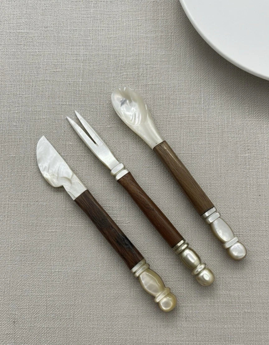 Eco Friendly Mother of Pearl & Wooden Flatware Handmade Spoon, Fork& Knife 11cm