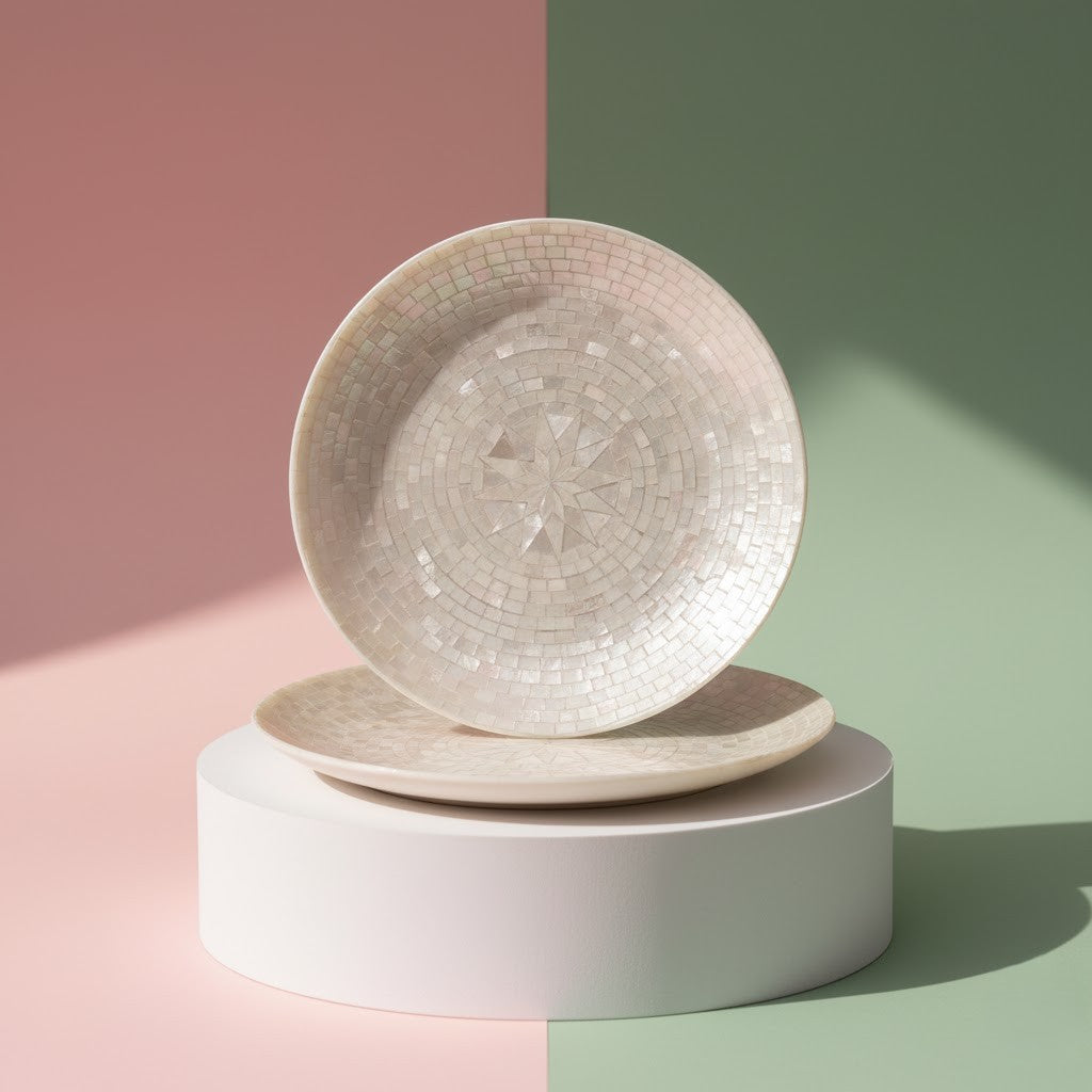 Handcrafted Mother of Pearl Small Round Plate, 19 cm – Double-Sided Decorative Plate with Pearl Top & Bottom”